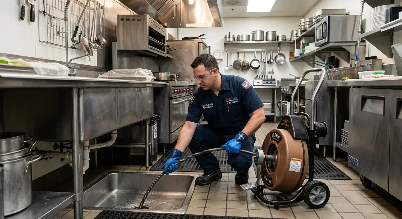 Commercial drain cleaning service in a restaurant kitchen in Woodfield
