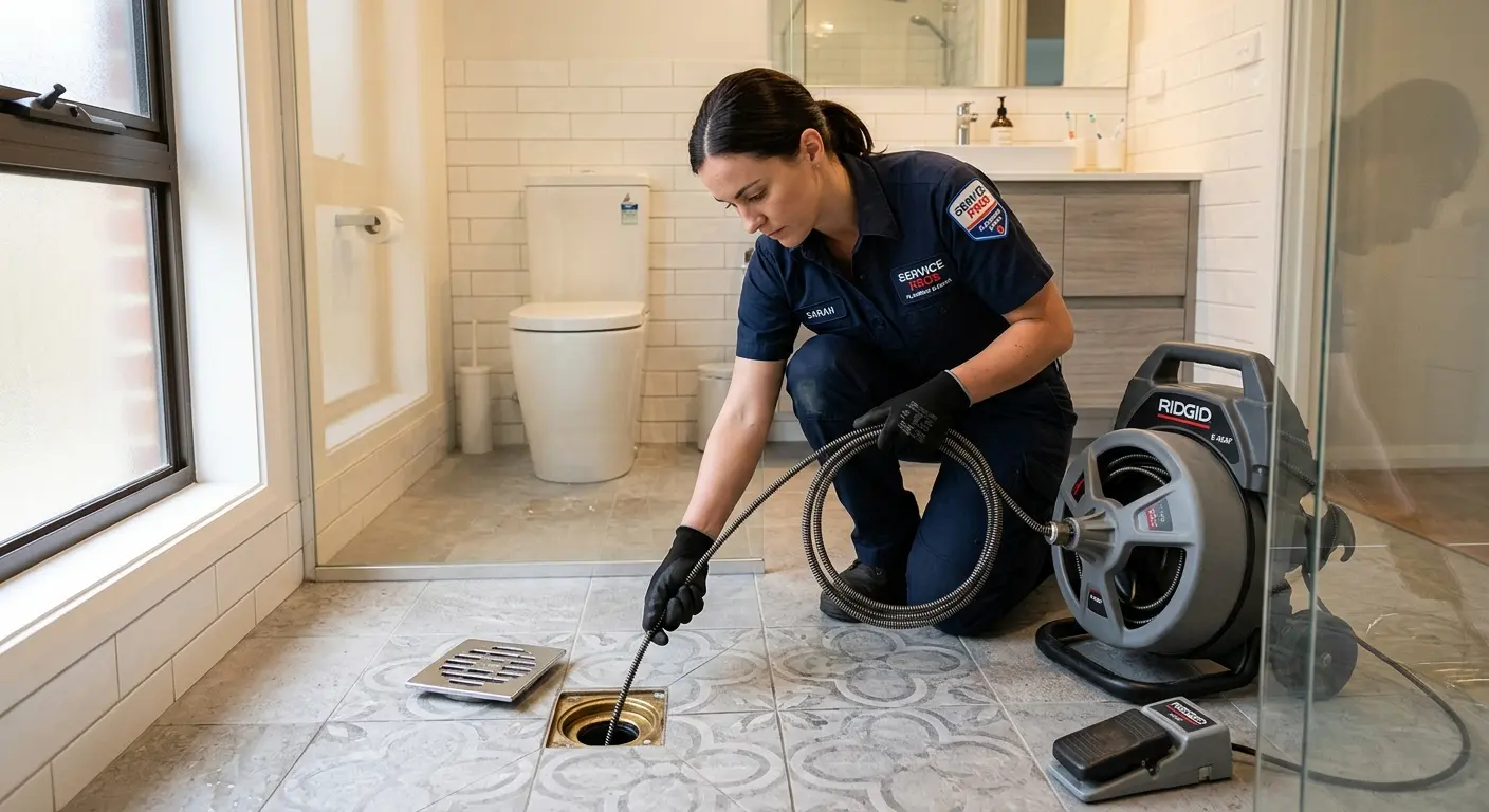 Technician clearing a bathroom floor drain for Sewer Line Replacement in Woodfield